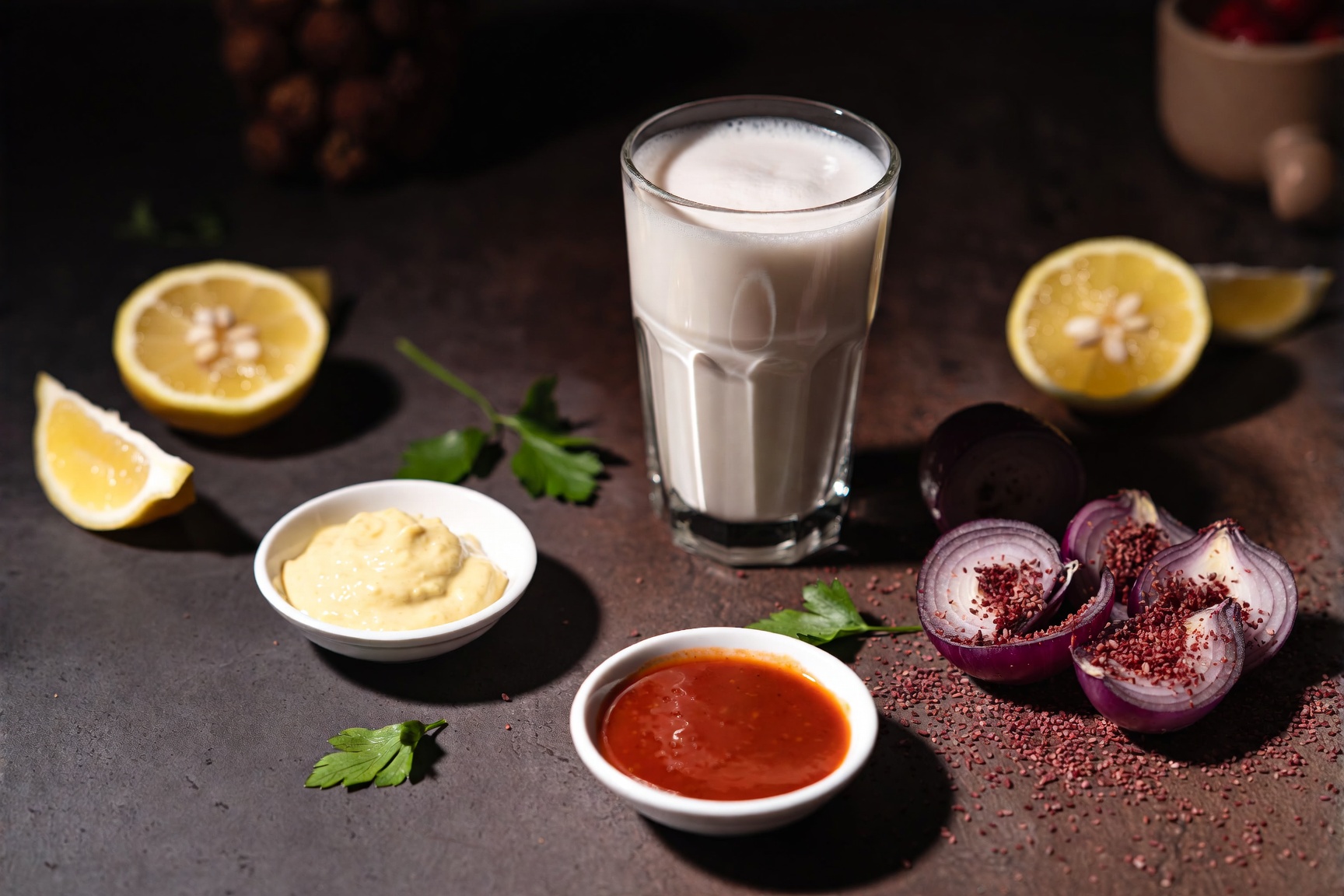 Knoblauchsoße, Chili, Zwiebeln und Ayran